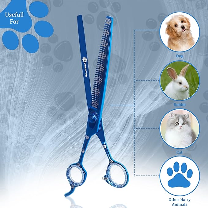 Professional Dog Grooming Thinning Scissors/Blender Shears with Paw Prints for Dogs, Cats & Pets (Right Handed, Blue, Stainless Steel 8 Inch)