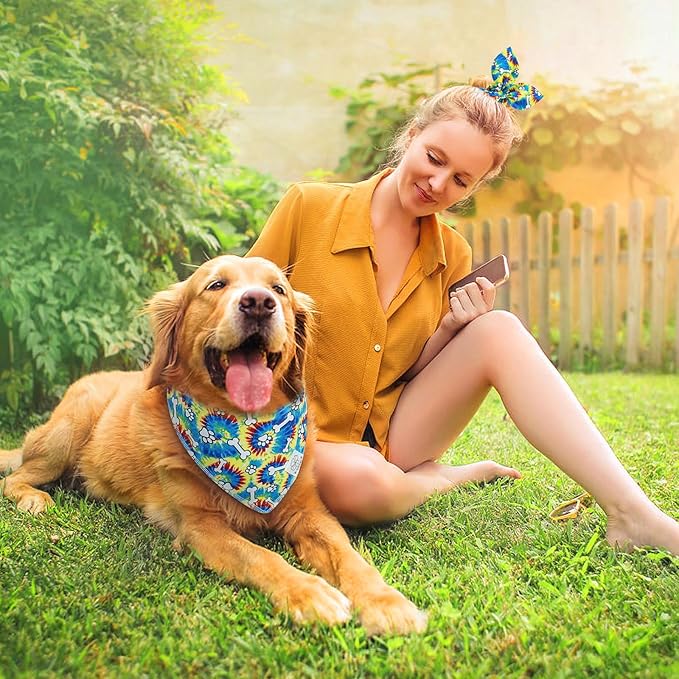 E-Clover Rainbow Dog Bandanas & Matching Scrunchie Set Girl Cute Pride Dog Scarf Bibs Pet Bandana with Bow Tie for Small Dogs Puppy Owner Mom Spring