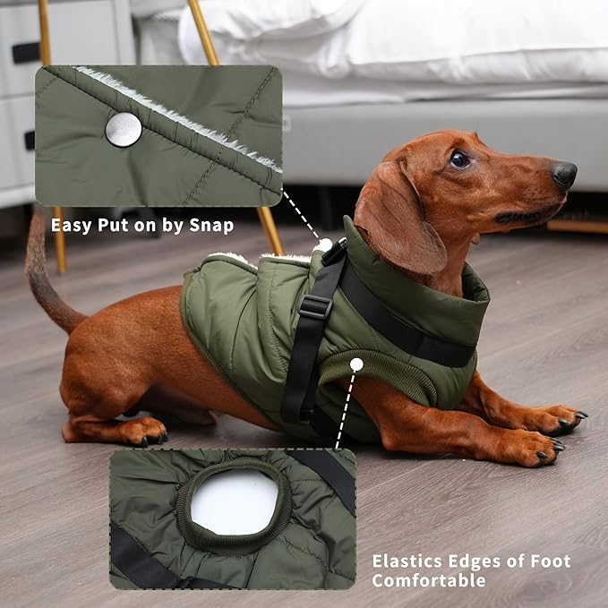 Dog Jacket with Harness,Fleece Lined Warm Puppy Coat for Winter,Soft Windproof Large Dog Vest,Green XXXL