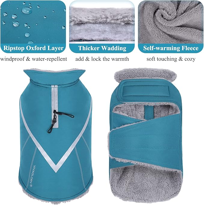 VIVAGLORY Snowrap Dog Coat, Jacket with Harness Hole & Velcro Closure, Dog Coat for Winter & Cold Weather, Fluffy Warm Fleece Lined Reflective Water Resistant for Puppy, XXS, Turquoise