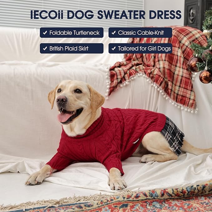 IECOii Big Girl Dog Sweater Dress, Cable Knit Sweater for Extra Large Dogs Girl, Red,4XL, Cute Dog Warm Dress for Fall Winter, Good Stretcy Fit Knitwear for Giant Breed Dogs Female Indoor & Outdoor