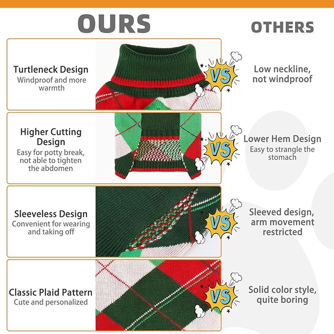 KOOLTAIL Dog Christmas Sweater Pet Knitted Clothes - Classic Plaid Pull Over Turtleneck Dog Sweaters with Leash Hole Warm Dogs Winter Clothing for Small Medium Dogs Cats Puppy Boy Girl Red & Green ML