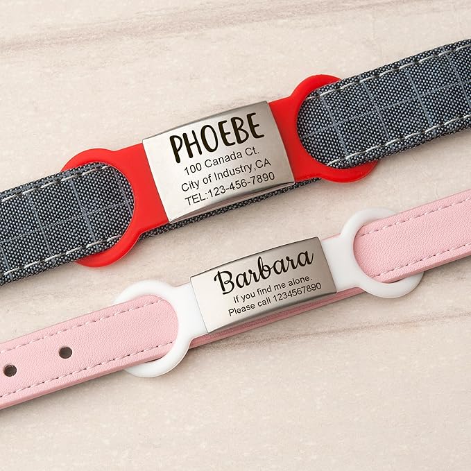 Anavia Slide On Silent Pet ID Tags, S/M/L/XL Personalized Multi-Color Silicone Band Cat Dog Name Tags, Customized Engraved Stainless Steel, Chew-Proof Quiet Dog Collar Tags (Large, Pink)