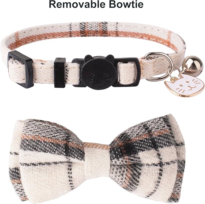 ADOGGYGO Plaid Cat Collar with Bow Bandana - 2 Pack Breakaway Kitten Collar with Removable Bowtie Bell Plaid Cat Bowtie Bandana Collars for Cats Kittens (Beige)