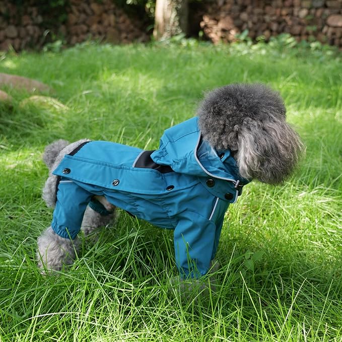 LOVELONGLONG Waterproof Dog Raincoat with Removable Hood – Outdoor Full Body Dog Jacket, Windproof Snowproof Shell Suit – All Season Pet Rain Gear Ocean Teal XS