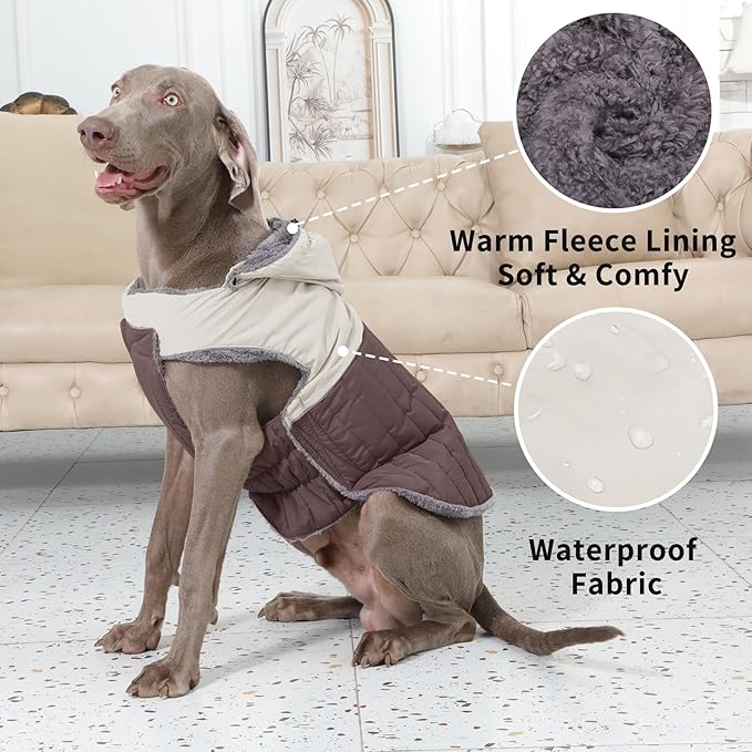 Detachable Hooded Dog Coat with Harness for Large Dogs,Super Warm Fleece Puppy Jacket for Cold Winter Doggie Coats,Brown XXL