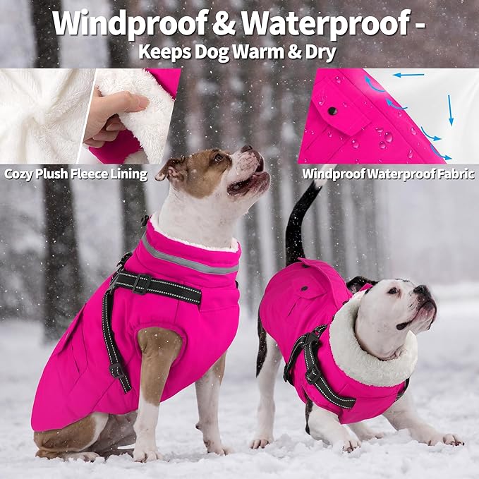 Dogcheer Dog Coat with Harness, Waterproof Warm Dog Winter Jacket with Pockets, Reflective Pet Fleece Jacket Turtleneck Snowsuit for Small Medium Large Dogs - Pink, L