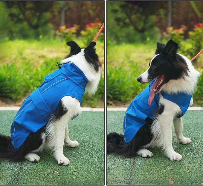 Waterproof Dog Raincoat, Adjustable Lightweight Dog Rain Jacket with Reflective Strip Leash Hole for Small Medium Large Dogs (Blue, Medium(13-22lb))