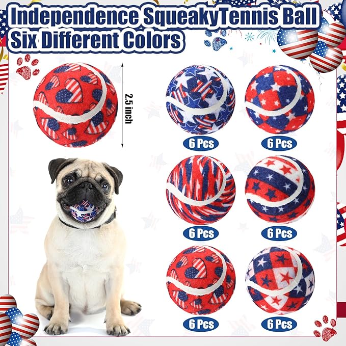 36 Pcs Independence Day Dog Squeaky Tennis Balls 2.5 Inch Interactive Pet Toys Ball for Small Medium Large Dog Plush Chew Toys Teeth Cleaning for Aggressive Chewers Cat Interactive Training