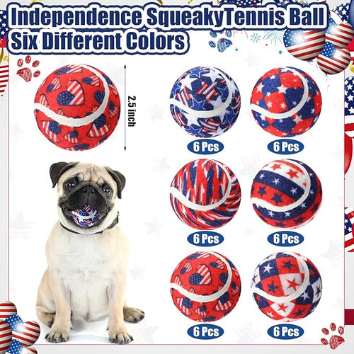 36 Pcs Independence Day Dog Squeaky Tennis Balls 2.5 Inch Interactive Pet Toys Ball for Small Medium Large Dog Plush Chew Toys Teeth Cleaning for Aggressive Chewers Cat Interactive Training