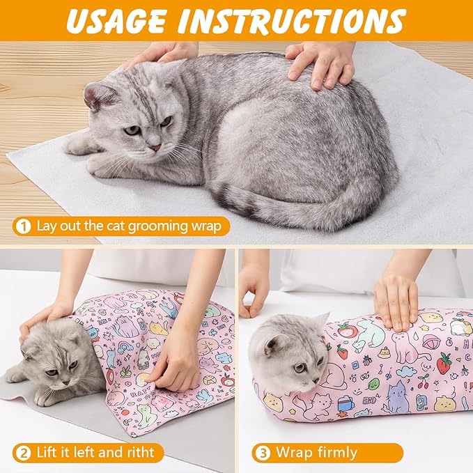 27.6 In Cat Grooming Wrap Self-Adhesive, Cat Wrap for Cutting Nails, Pink Anti-Escape Cat Restraint for Nail Clipping Cat Swaddle Wrap Cat Wrapping Cloth for Pet Cleaning and Beauty (Within 15lbs)