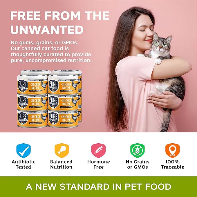 Pure Cravings Chicken Recipe in Broth, Shredded Wet Cat Food, Grain-Free Protein, Non-GMO, 12 Pack