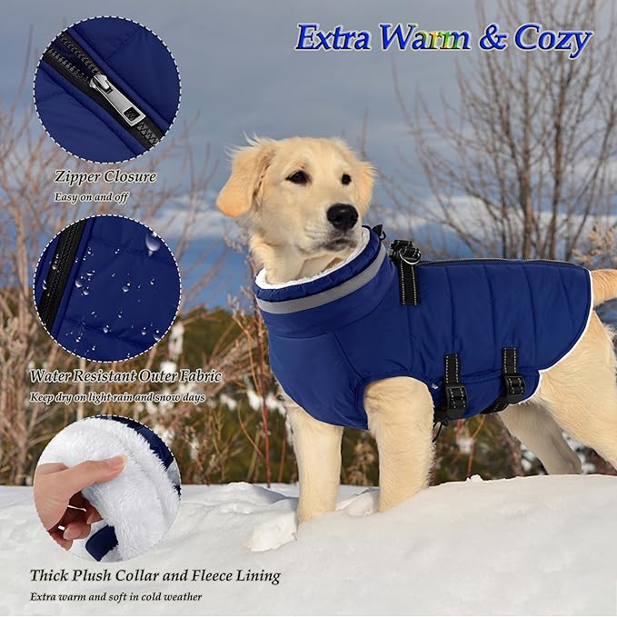Dogcheer Dog Coat, Waterproof Dog Jacket with Harness, Reflective Adjustable Puppy Winter Coat with Zipper, Christmas Snow Jacket Clothes for Small Medium Large Dogs - Blue XL
