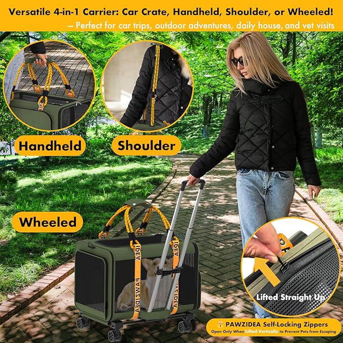 PAWZIDEA Expandable Large Pet Carrier with Wheels, 24x16x16 in Rolling Cat Carrier for 2–4 Cats up 55lb, Soft-Sided Collapsible Small Medium Dog Crate for Car Travel, Telescopic Handle, Storage Pocket