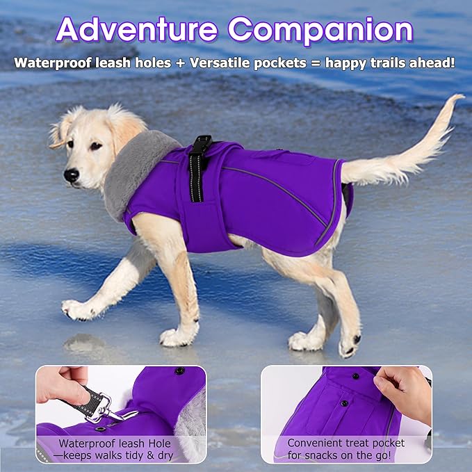 Dogcheer Dog Coat with Pocket, Waterproof Dog Jacket with Adjustable Buckle, Reflective Puppy Winter Coat Warm Turtleneck Fleece SnowJacket for Small Medium Large Dogs - Purple L