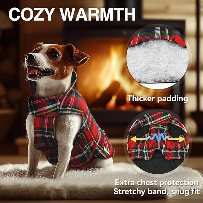 VIVAGLORY Softjoy Dog Coat, Dog Jacket for Winter & Christmas, Coat with Harness Hole & Velcro Closure, Reversible Plaid Checkered Warm Fluffy Heavy Duty for Puppy, XXS, Red
