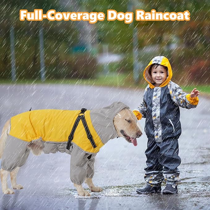 LIANZIMAU Waterproof Dog Raincoat 4 Legs with Leash Hook Reflective Adjustable Belly Strap Clear Hood Lightweight Polyester for Small Medium Large Dogs
