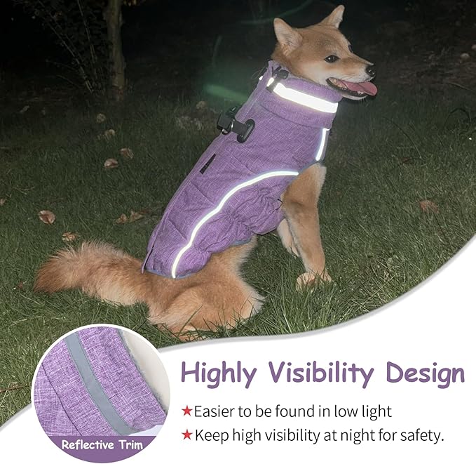 Malier Dog Coat, Reflective Dog Jacket Waterproof Windproof Puppy Cold Weather Coats with Harness Built in, Winter Extra Warm Pet Coat Fleece Vest for Small Large Pets and Puppy (Purple, XXX-Large)