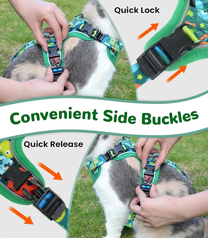 Halypet Cat Harness and Leash Set for Walking, Escape Proof Adjustable Vest Harness with 3-in-1 Integrated Buckles, Easy Control Soft Breathable Mesh with Reflective Strips for Cats, S Green Monster