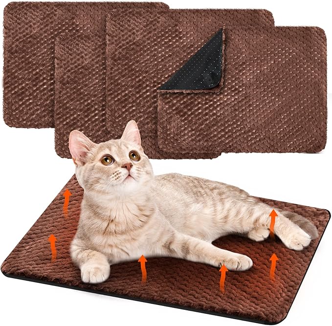 4 Pcs Self Heating Cat Pad Self Warming Cat Bed Dog Heating Pad Washable Thermal Pet Mat for Indoor Outdoor Pet 16 x 20 Inch Removable Non Slip(Coffee)
