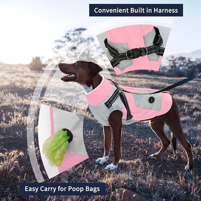 IECOii Dog Coat for Large Dogs Waterproof Dog Winter Jacket with Harness Built in, Pink - XXLarge, Thermal Warm Fleece Lined, Reflective Dogs Jackets for Cold Weather Camping, Hiking, Pitbull