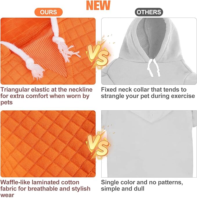 BEAUTYZOO Small Dog Hoodie Sweater with Pockets, Dog Clothes for Small Medium Dogs Boy Girl, Waffle-Like Laminated Cotton Pet Coats with Hat and Leash Hole, Orange ML
