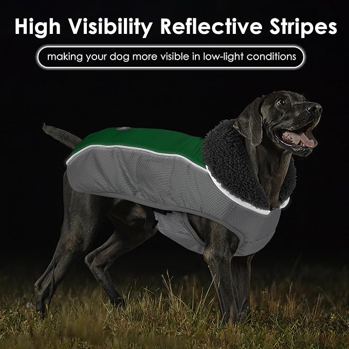 Dog Coat, Waterproof Ripstop Dog Winter Jacket with Leash Hole, Reflective Adjustable Warm Pet Fleece Snow Sweater for Small Medium Large Dogs - Green, XL