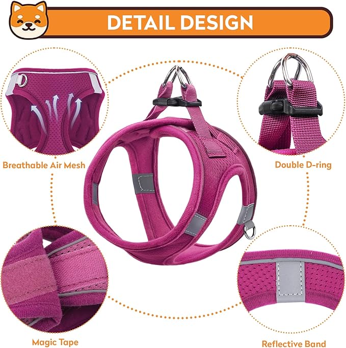 Dog Harness with Leash Set, No-Pull Step-in Reflective Pet Harness with 1 Leash Clips, Adjustable Soft Padded Easy Walk Dog Vest for Small Medium Large Dogs, Cats(Rose Red, Medium)