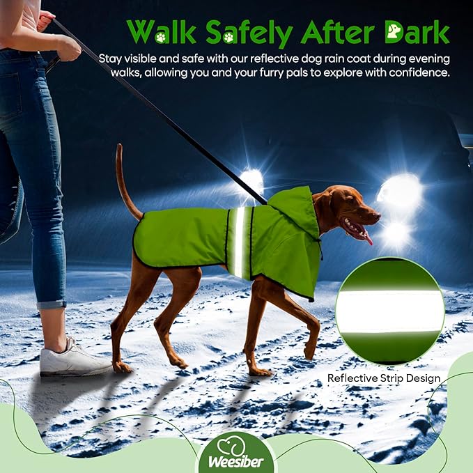 Weesiber Dog Raincoat, Waterproof Dog Rain Jacket with Leash Hole, Reflective Puppy Rainwear Hooded Pet Poncho Slicker for Walking (XL, Green)