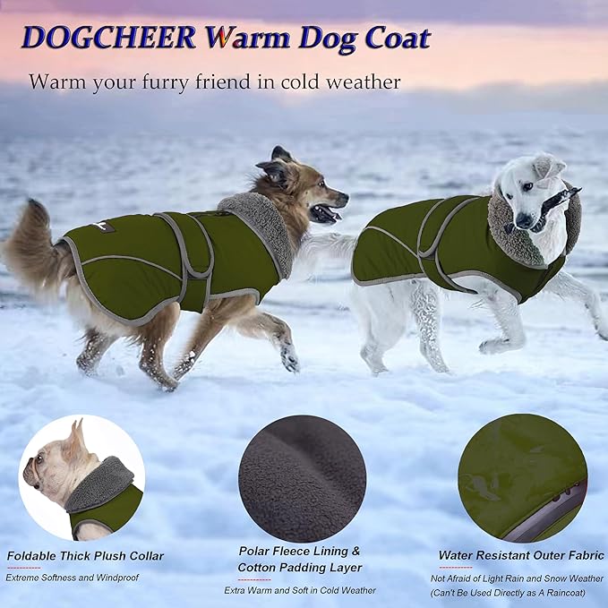 Dogcheer Dog Coat, Waterproof Dog Jacket Reflective Pet Winter Coat with Adjustable Hook & Loop, Christmas Puppy Fleece Jacket Warm Turtleneck Snowsuit for Small Medium Large Dogs - Green, 2XL