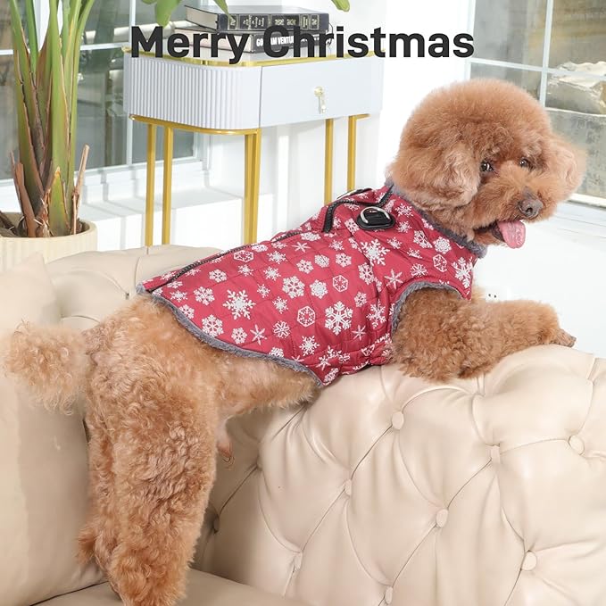 Warm Fleece Dog Coats with Durable Harness Buitl in D-Ring,Waterproof Puppy Jacket for Small Dogs,Dog Vest for Cold Winter,Red,Snow Pattern XS