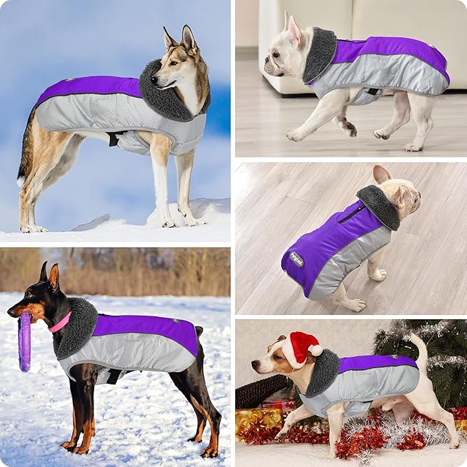 Dog Coat, Waterproof Ripstop Dog Winter Jacket with Leash Hole, Reflective Adjustable Warm Pet Fleece Snow Sweater for Small Medium Large Dogs - Purple, 3XL