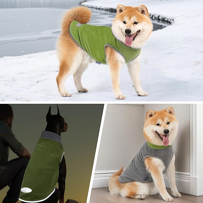 cyeollo 2 Pack Dog Sweater Fleece Vest Dog Sweatshirt Reflective Lightweight Pet Clothes for Small Dogs Boy Girl Pet Apparel Grass Green, Grey, XL
