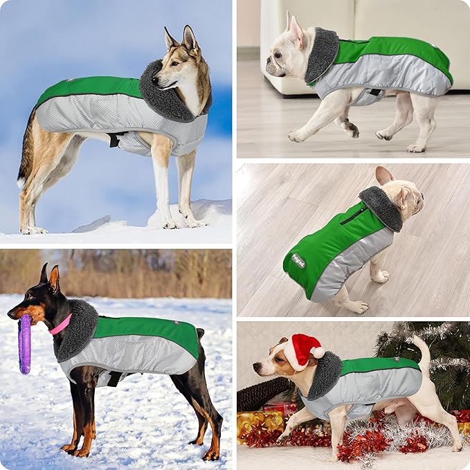 Dog Coat, Waterproof Ripstop Dog Winter Jacket with Leash Hole, Reflective Adjustable Warm Pet Fleece Snow Sweater for Small Medium Large Dogs - Green, XL