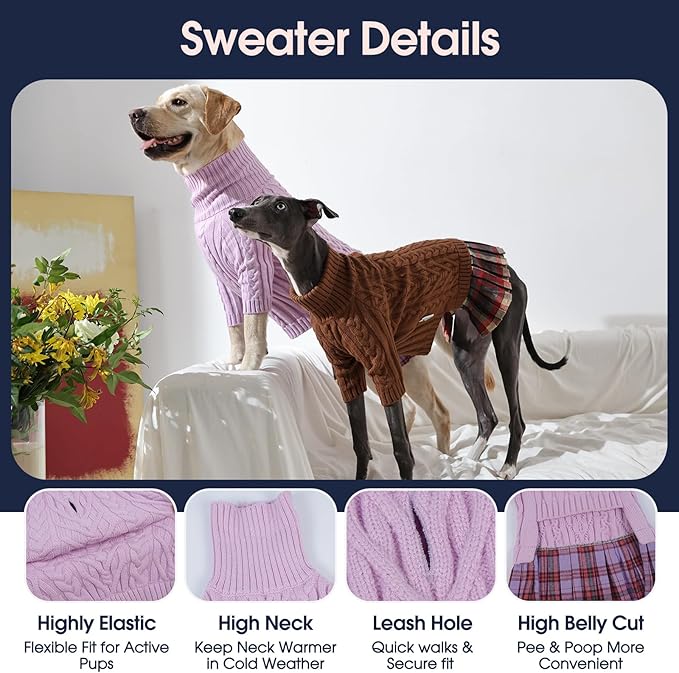IECOii Girl Dog Sweater Dress - Cable Knit Dog Sweater for Small Dogs Girl - Purple,Medium, Turtleneck Pullover Sweaters with Tartan Plaid Skirt, Adorable Warm Dog Knitted Dress for Christmas