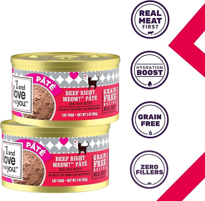 I and love and you Wet Cat Food - Beef Right Meow Pâté - Beef Recipe, Grain Free, Filler Free, 3oz Pack of 24 Cans