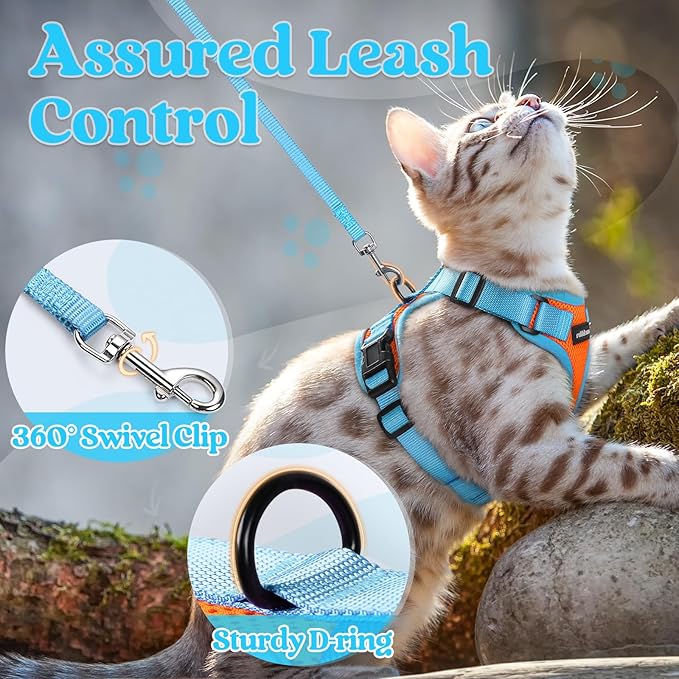 rabbitgoo Cat Harness and Leash Set, Escape Proof Soft Adjustable Vest Harnesses for Outdoor Walking, Easy Control Breathable Kitten Jacket with Reflective Strips, Orange & Light Blue, XXS