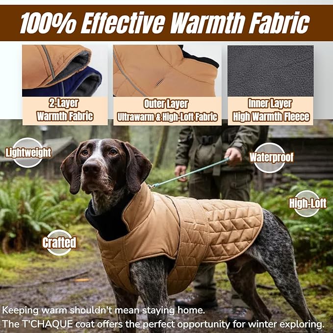 Outdoor Classic Quilted Active Fit Dog Winter Coat, Waterproof & Lightweight Coats for Large Dogs, 2-Layer High-Loft Jacket with Padded Insulation and Warmth Fleece, Pet Clothes for Girl Boy(Khaki, L)