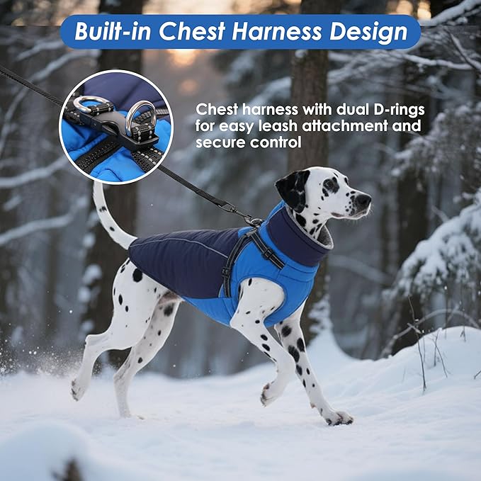 ASENKU Reflective Dog Coat with Built-in Harness, Windproof Fleece-Lined Dog Jacket for Small, Medium, Large Dogs, Warm Winter Vest with Turtleneck & Zipper (Navyblue M)