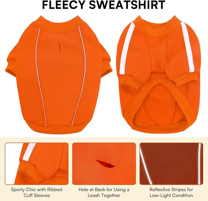 Queenmore Cozy Fleece Dog Sweater Large, Soft Pullover Dog Sweatshirt, Warm Winter Fleece Jacket with Leash Hole/Reflective Stripes for Small Medium Large Dogs Orange