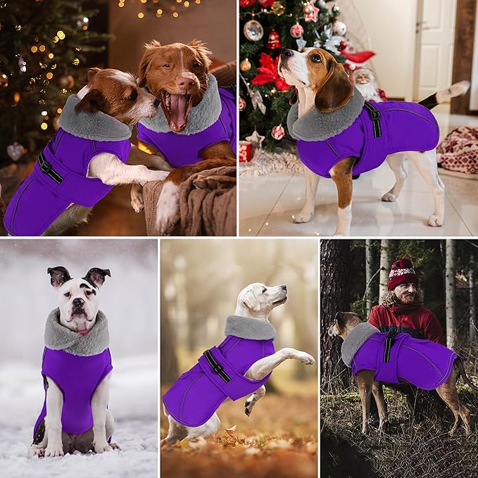 Dogcheer Dog Coat with Pocket, Waterproof Dog Jacket with Adjustable Buckle, Reflective Puppy Winter Coat Warm Turtleneck Fleece SnowJacket for Small Medium Large Dogs - Purple L