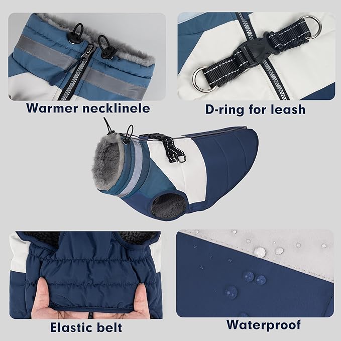 azuza Dog Coats for Large Dogs Waterproof Dog Coat with Reflective Strips and Harness Built in Warm Fleece Dogs Winter Coat Windproof with Back Zipper, Navy 3XL