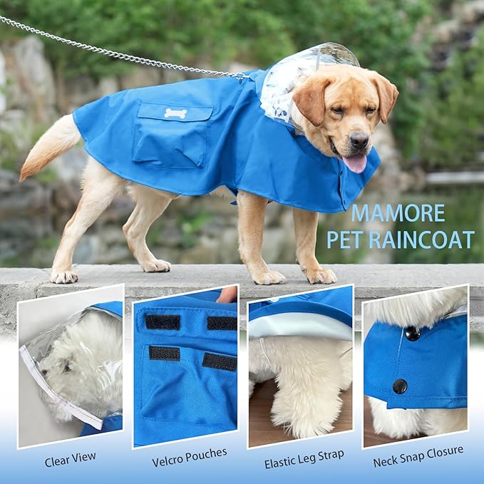 Dog Raincoat Waterproof, Adjustable Reflective Hooded Dog Rain Poncho with Leash Hole for Small Medium Large Dogs (Blue, XX-Large)