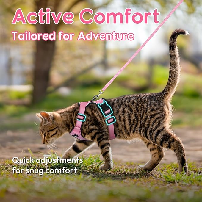 Dooradar Cat Harness and Leash Set, Escape Proof Safe Adjustable Kitten Vest Harnesses for Walking, Easy Control Soft Breathable Mesh Jacket with Reflective Strips for Cats, Pink, M