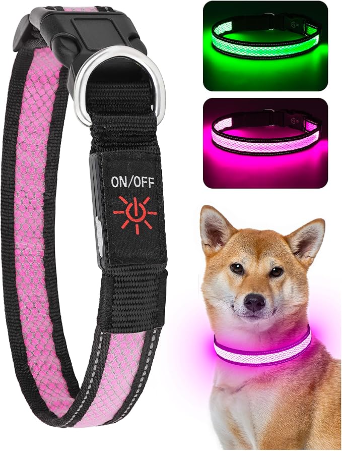 Weesiber Light Up Dog Collar - LED Dog Collar Rechargeable Glow in The Dark Pet Collar, Reflective Safety Dog Lights for Night Walking(Pink, L)