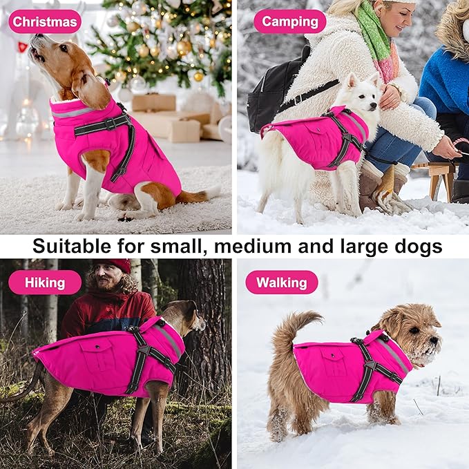 Dogcheer Dog Coat with Harness, Waterproof Warm Dog Winter Jacket with Pockets, Reflective Pet Fleece Jacket Turtleneck Snowsuit for Small Medium Large Dogs - Pink, L