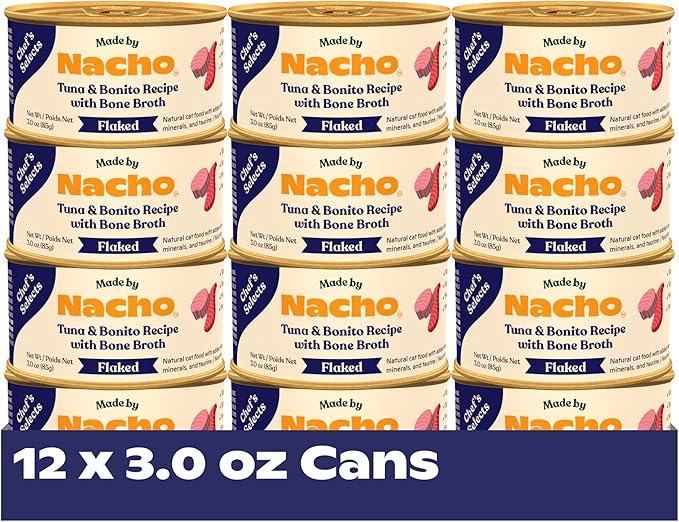 Made by Nacho Flaked Filets Recipe in Bone Broth, Grain-Free Chef's Selects Wet Food for Cats Balanced Diet in Naturally Hydrating Pumpkin-Infused Broth (3.0 oz (Pack of 12), Tuna & Bonito)