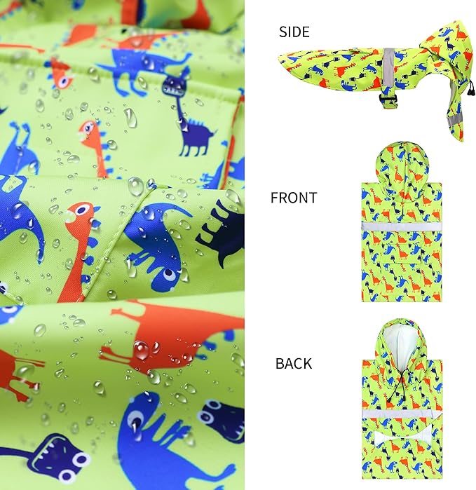 NACOCO Large Dog Raincoat Adjustable - Pet Dinosaurs Water Proof Clothes Lightweight Rain Jacket Poncho Hoodies with Strip Reflective Green (XXL, Green Dinosaur)