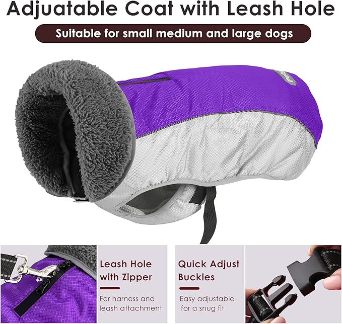 Dog Coat, Waterproof Ripstop Dog Winter Jacket with Leash Hole, Reflective Adjustable Warm Pet Fleece Snow Sweater for Small Medium Large Dogs - Purple, XL
