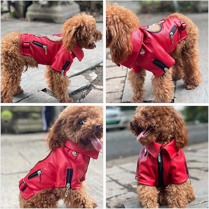 Lovelonglong Cool Dog Leather Jacket, Warm Coats Dogs Windproof Cold Weather Coats for Large Medium Small Dogs with Eagle Embroidery Red L